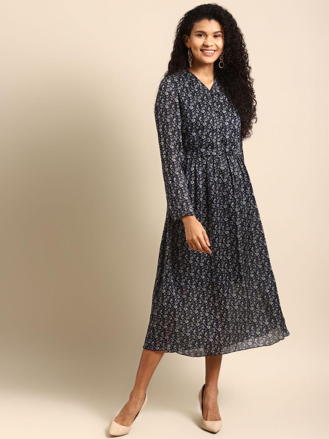 dodo & moa women navy blue & white floral printed fit and flare dress
