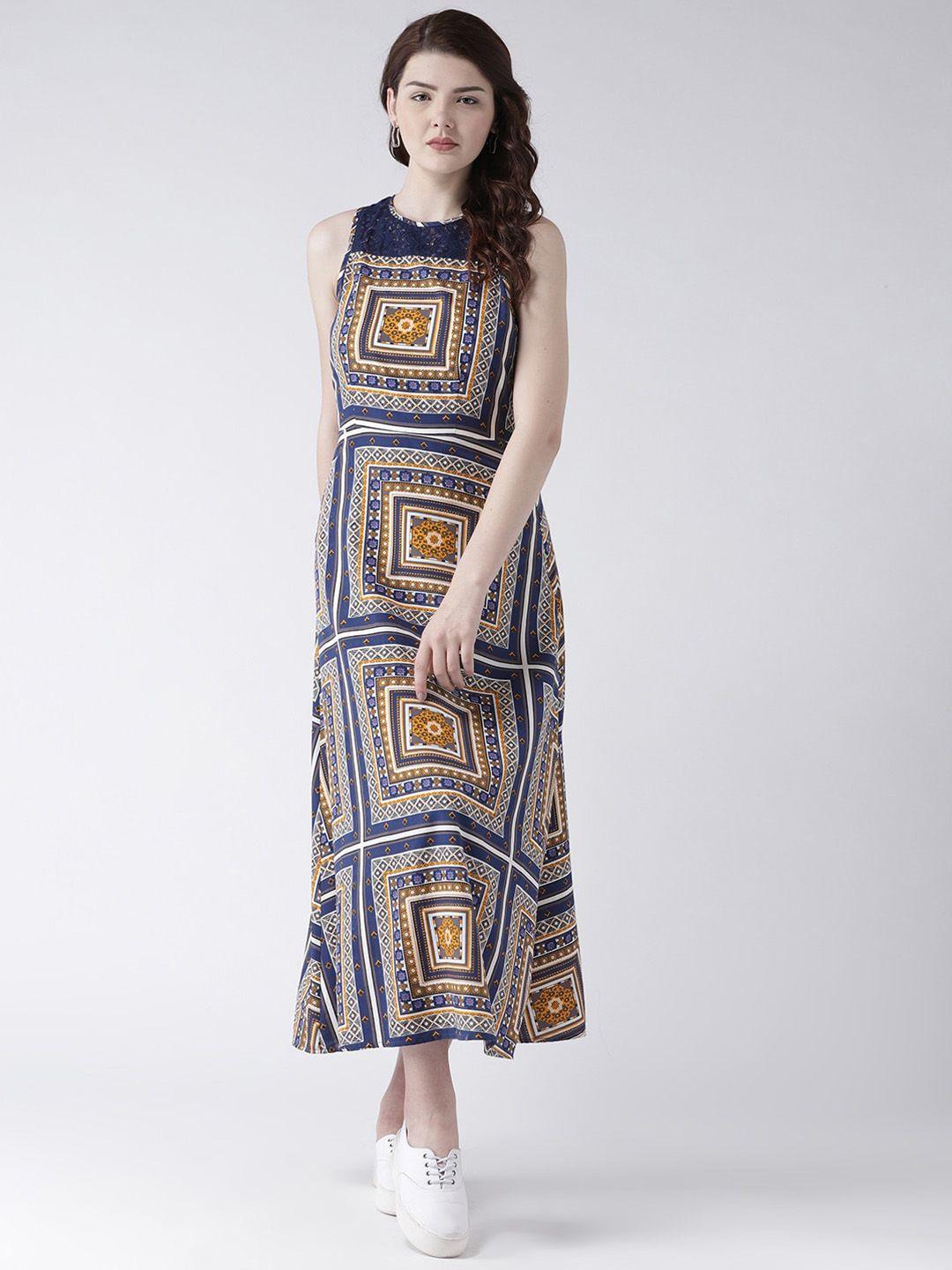 dodo & moa women navy blue & yellow printed a-line dress