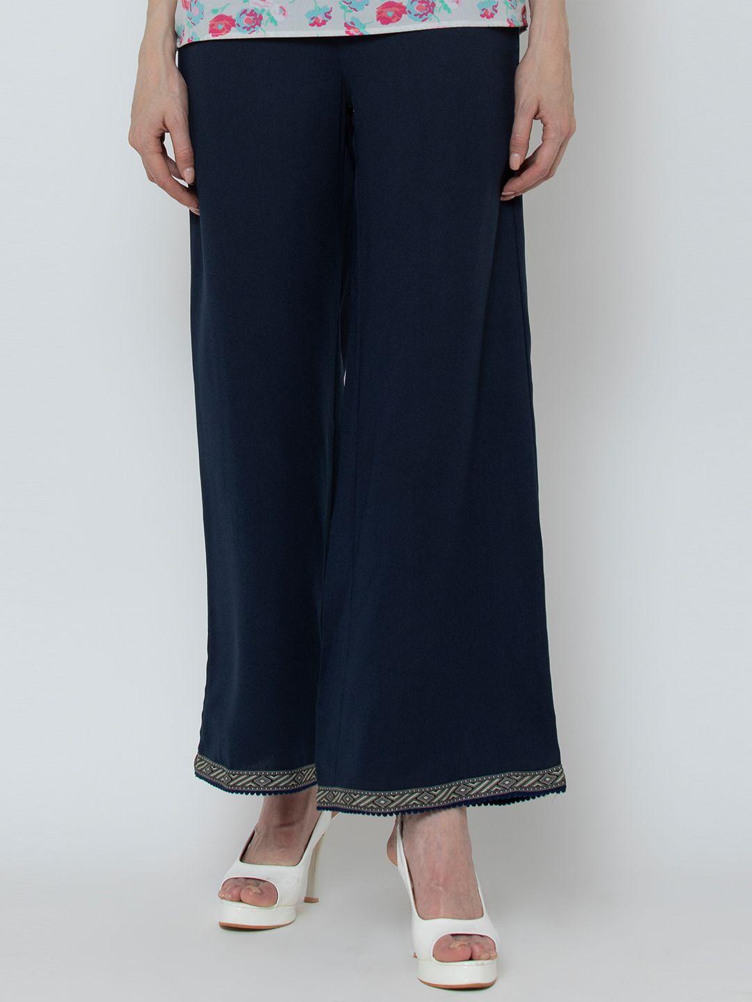 dodo & moa women navy blue regular fit solid parallel trousers