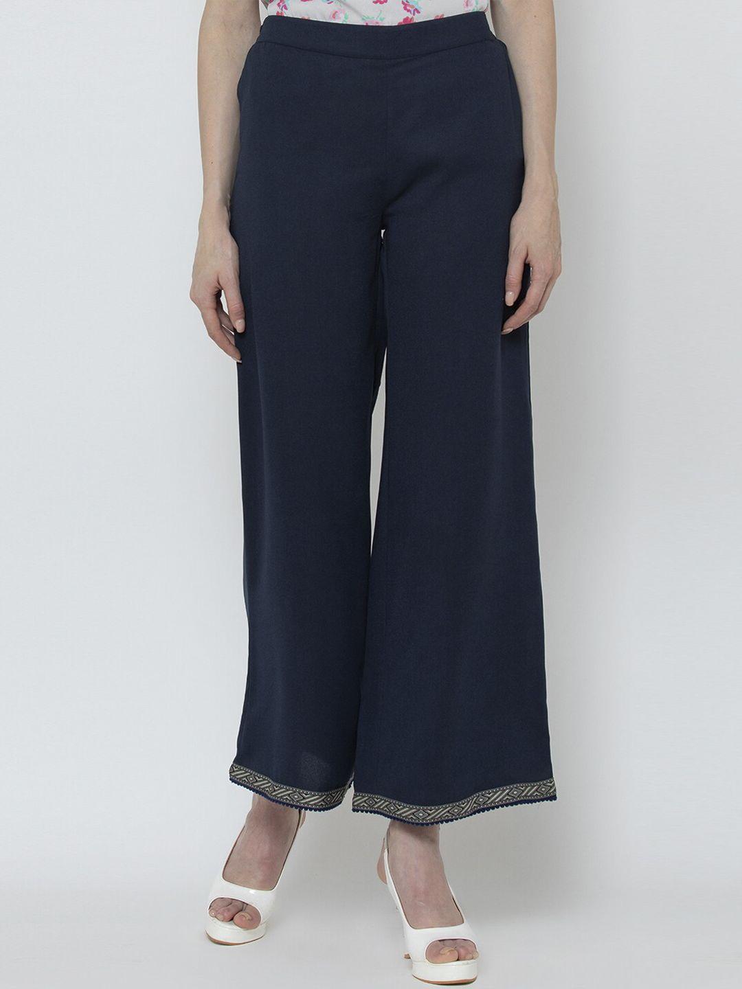 dodo & moa women navy blue regular fit solid parallel trousers