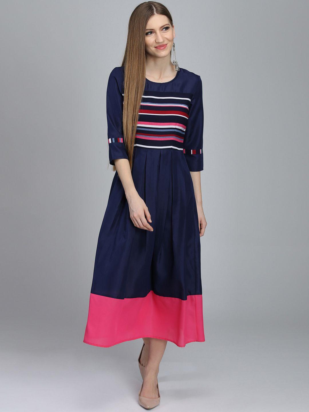 dodo & moa women navy blue striped fit and flare dress