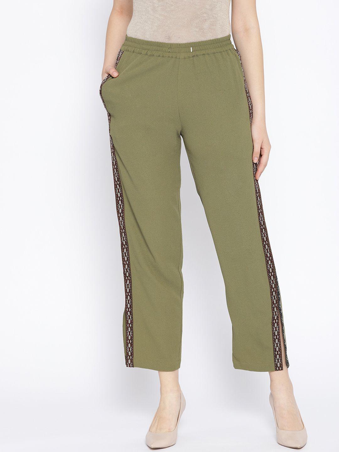 dodo & moa women olive green solid cropped regular trousers