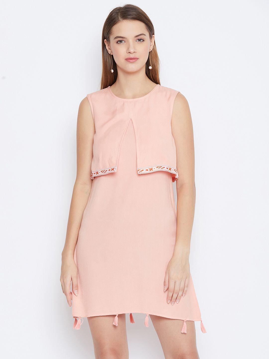 dodo & moa women peach-coloured solid layered a-line dress