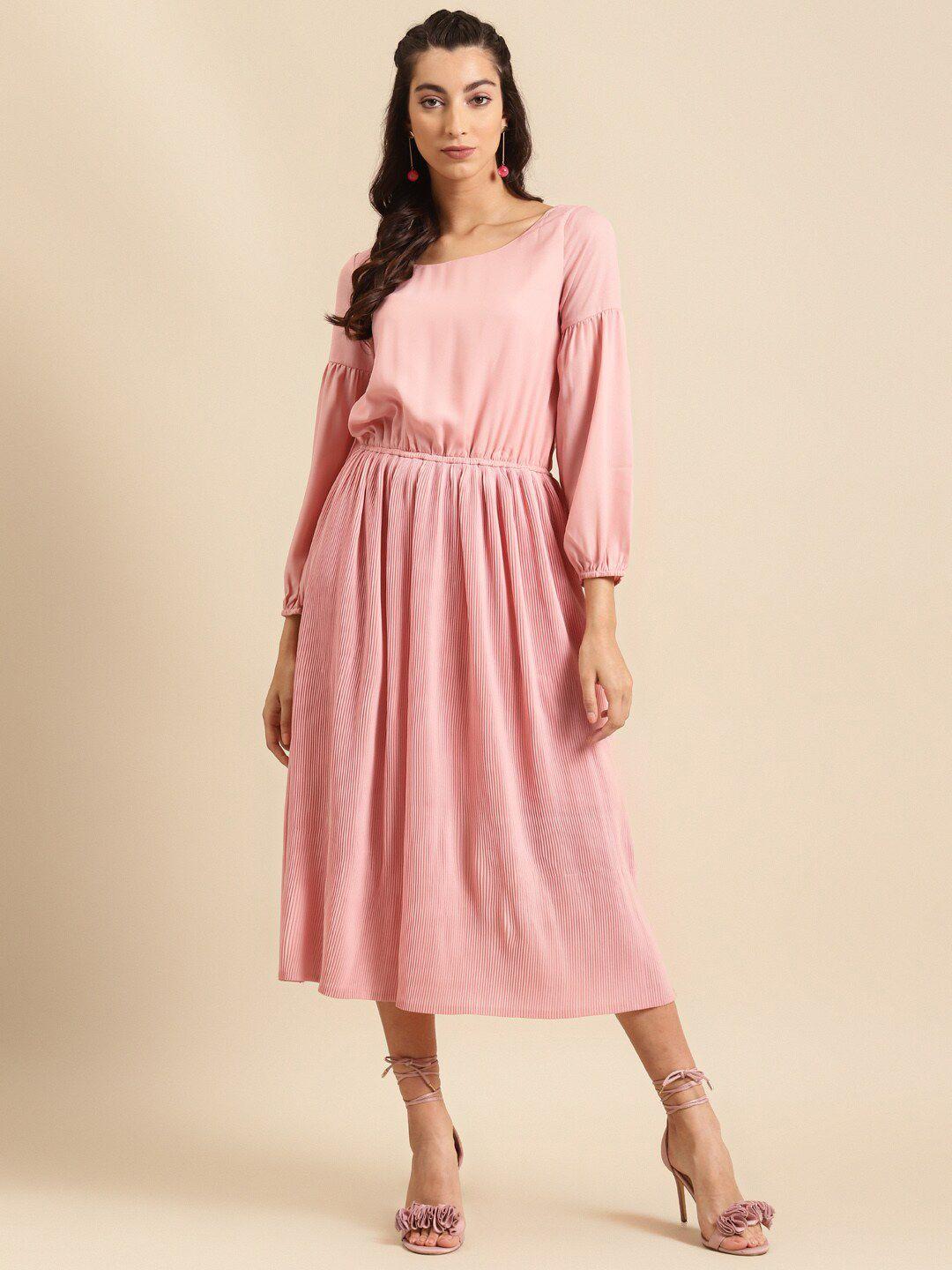 dodo & moa women peach puff sleeves fit & flare dress