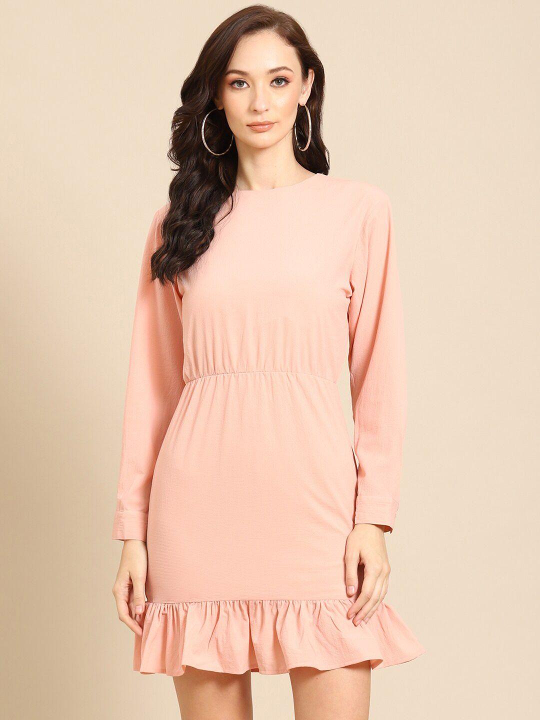 dodo & moa women peach solid polyester a-line dress