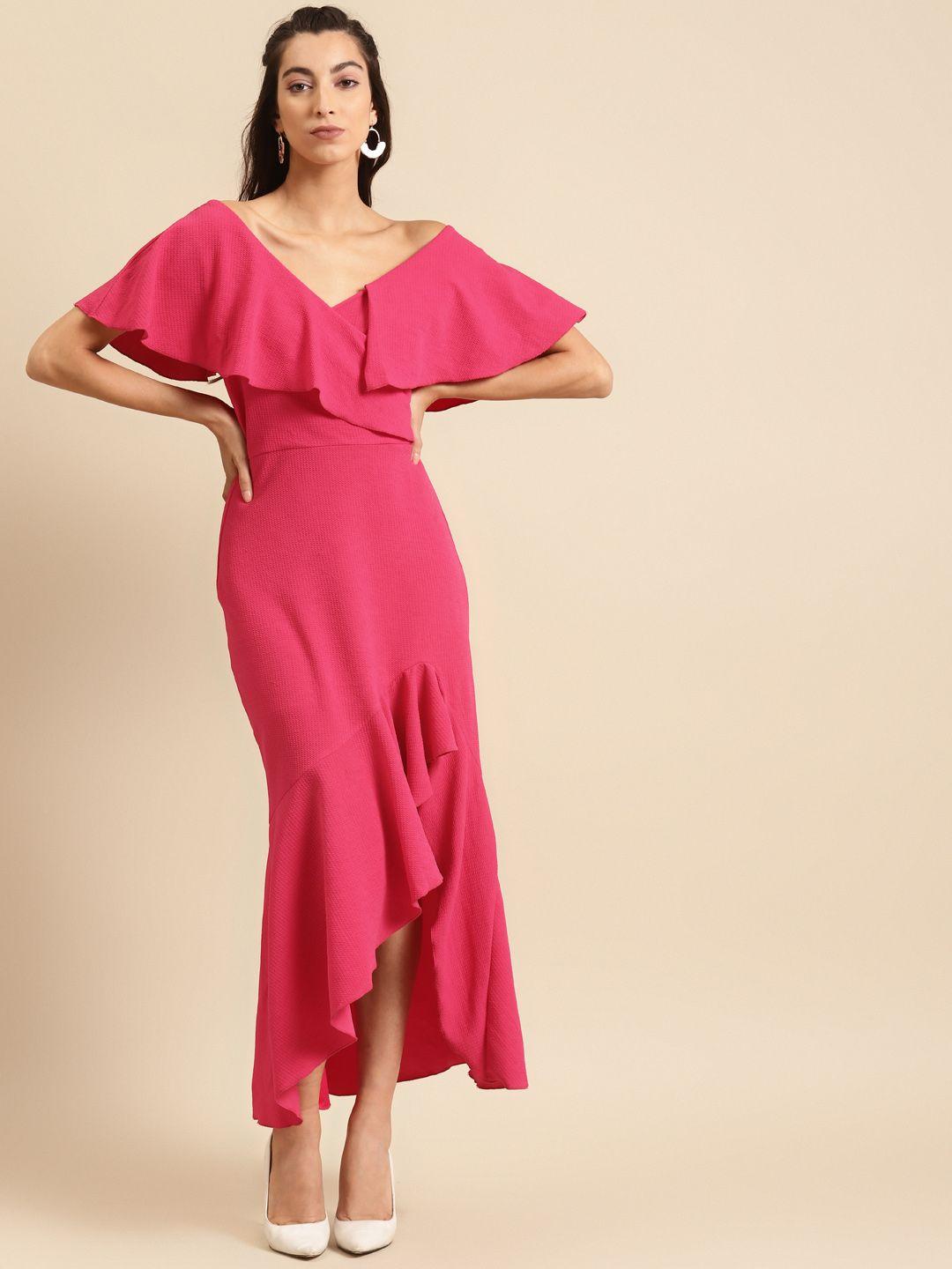 dodo & moa women pink self design ruffles maxi dress