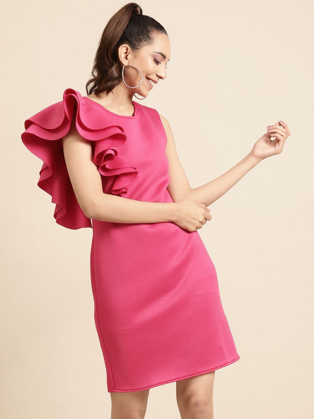 dodo & moa women pink solid ruffled sheath dress