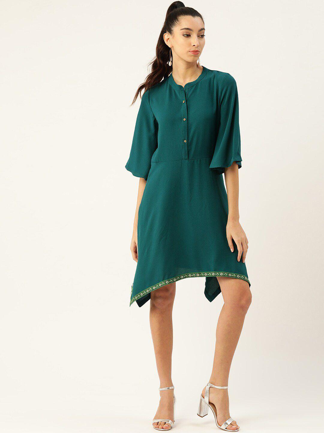 dodo & moa women teal solid flared sleeves a-line dress