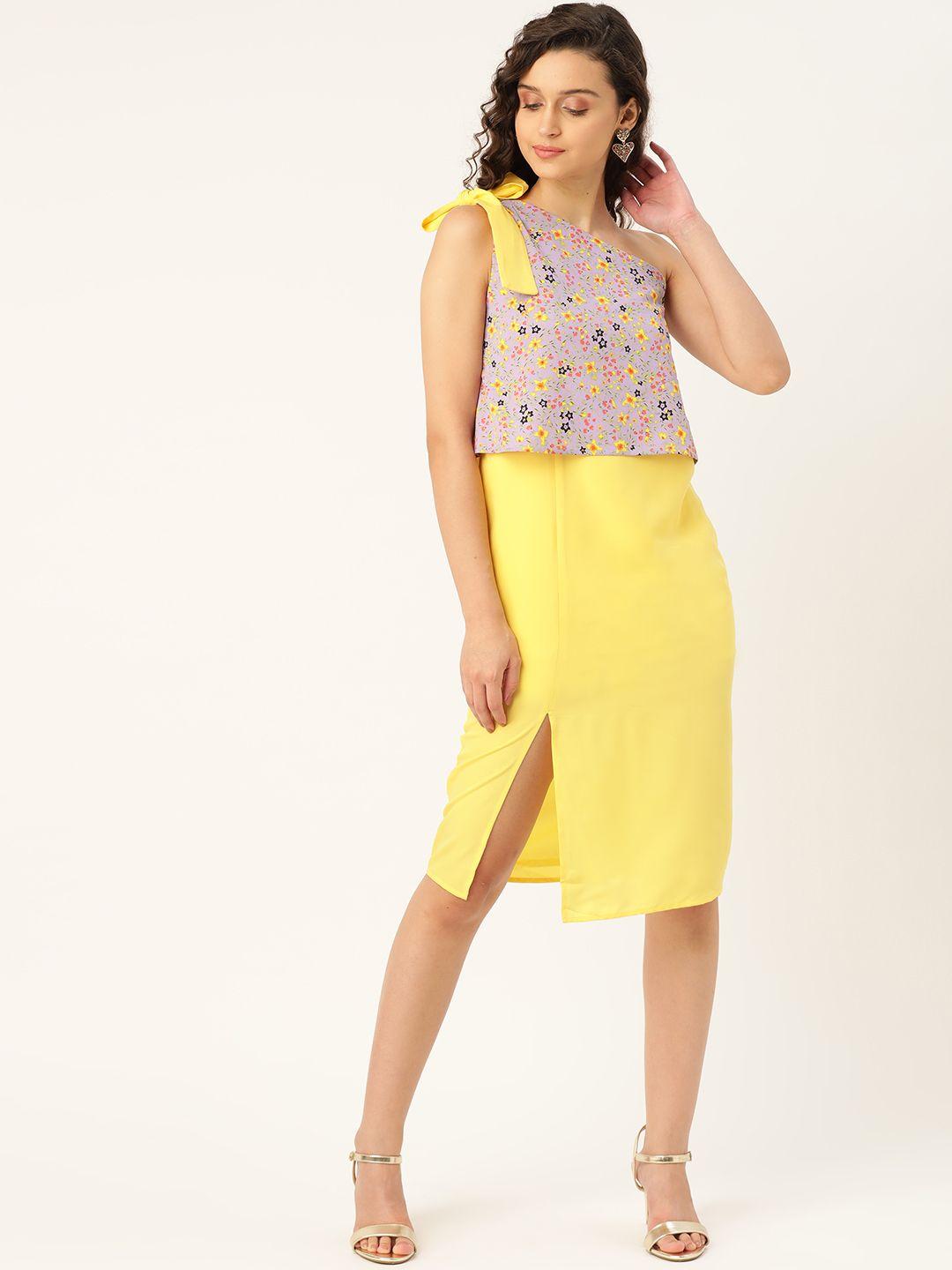 dodo & moa women yellow & lavender solid one-shoulder layered a-line dress