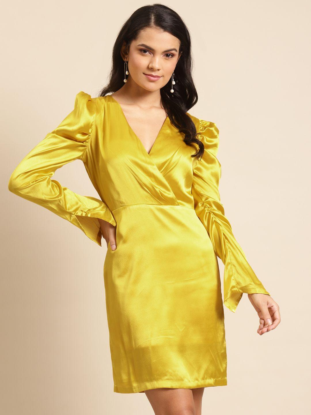 dodo & moa women yellow solid sheen satin a-line dress