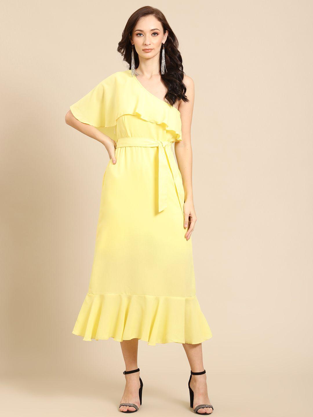 dodo & moa yellow one shoulder a-line midi dress