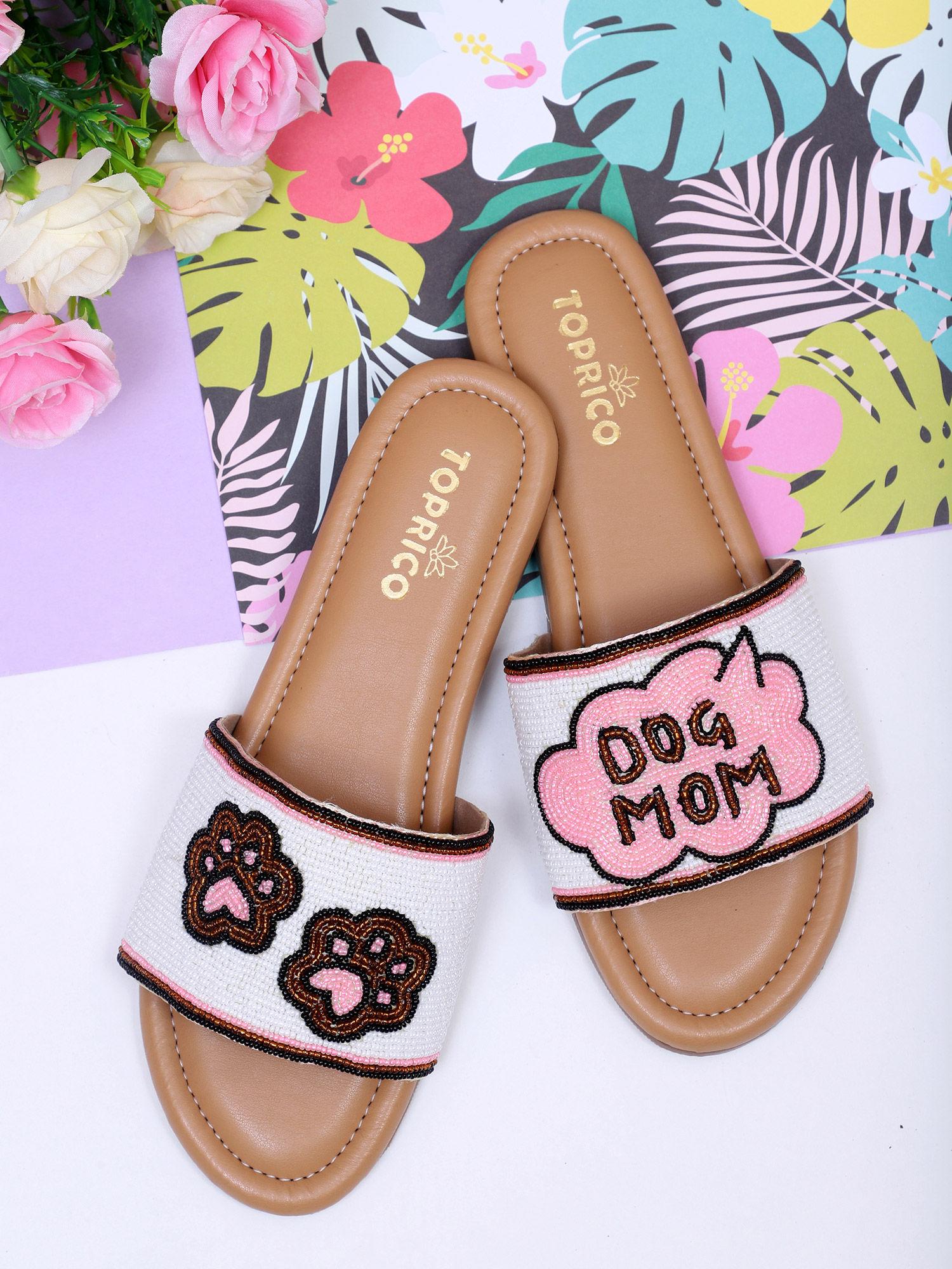 dog mom beads embroidered tan flats