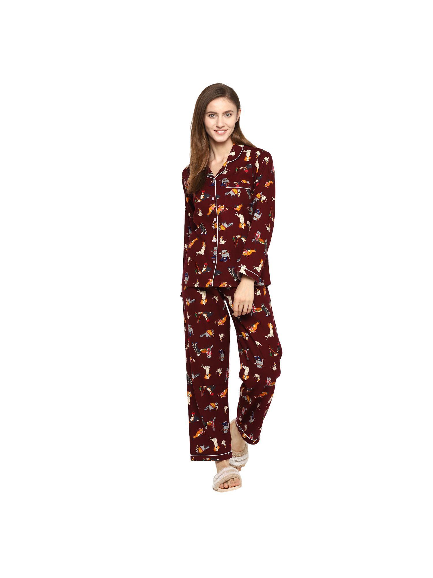 dog print cotton flannel long sleeve women's night suit - maroon