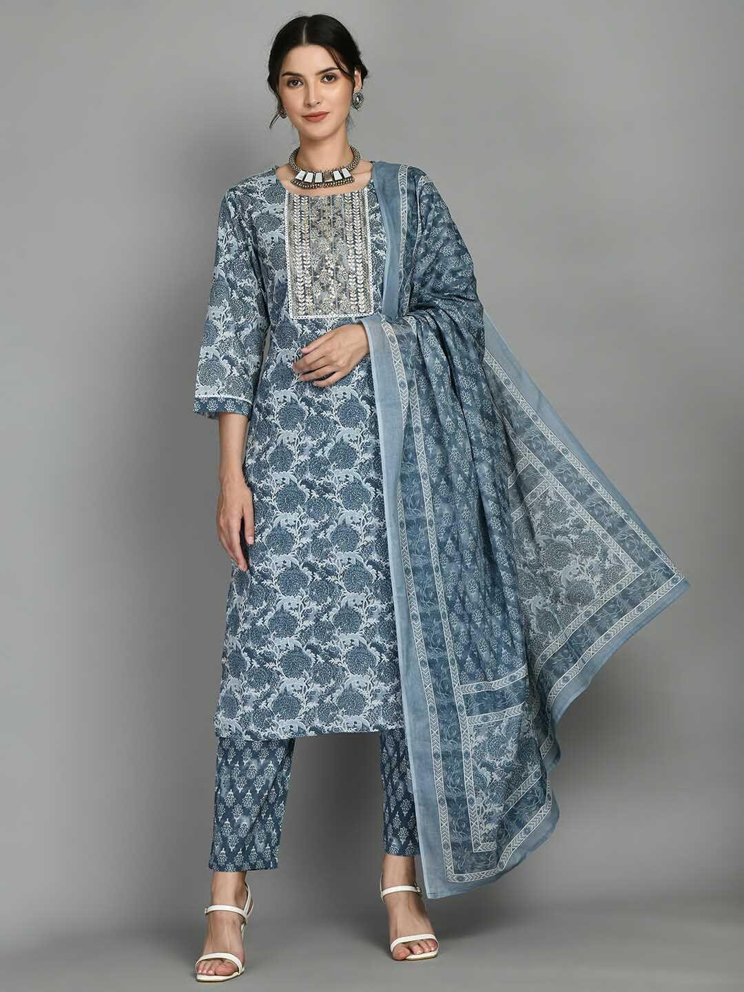 doisa ethnic motifs printed thread work pure cotton kurta with trousers & dupatta