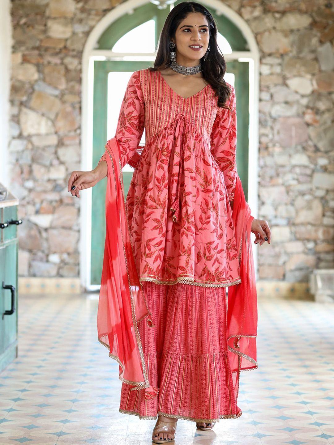 doisa floral printed v-neck kurta with sharara & dupatta