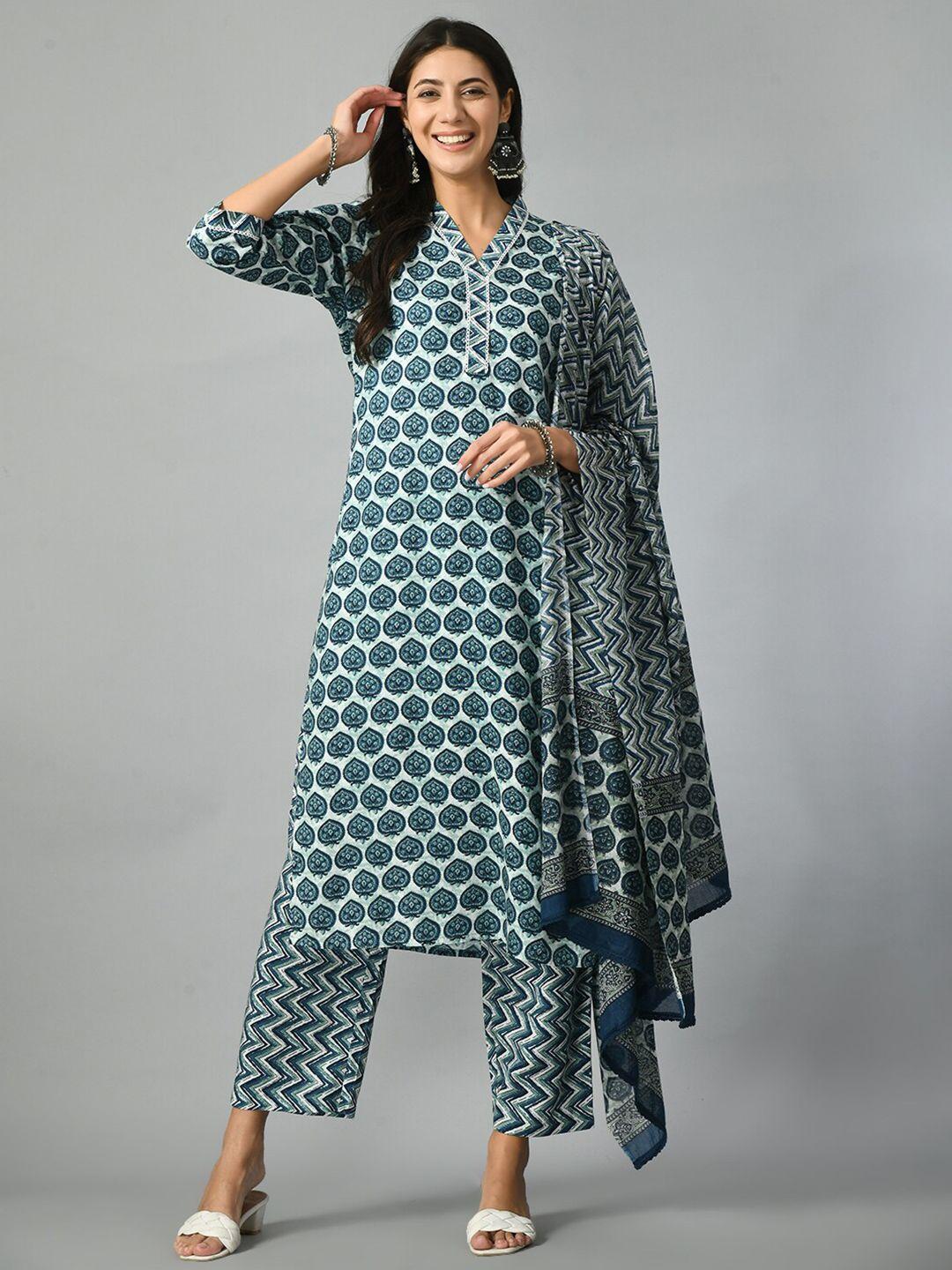 doisa v-neck floral embroidered thread work straight kurta with trousers & dupatta