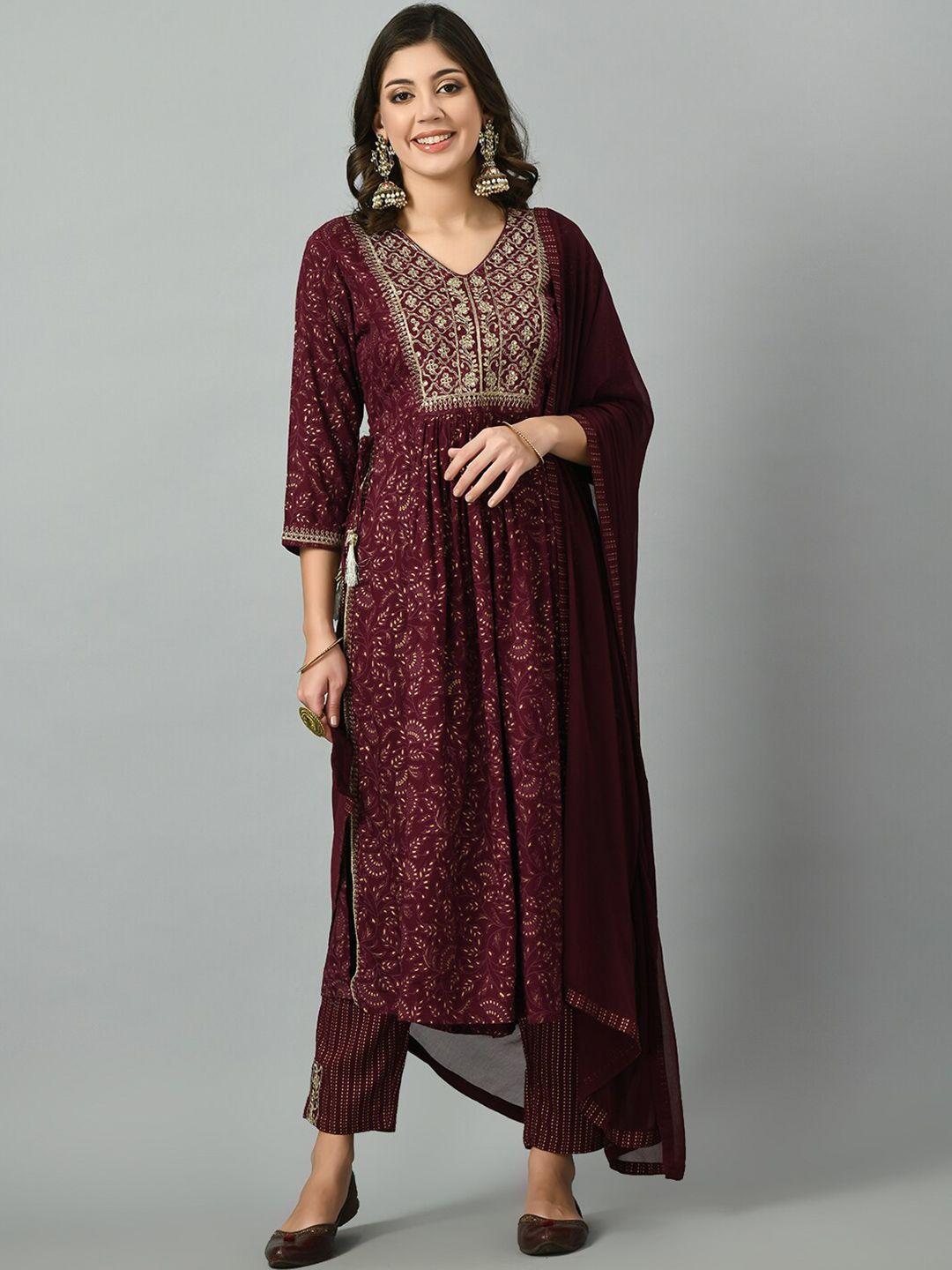 doisa v-neck floral embroidered thread work straight kurta with trousers & dupatta