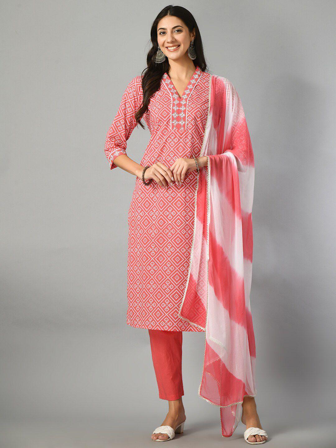 doisa women pink floral printed regular pure cotton kurta with trousers & with dupatta
