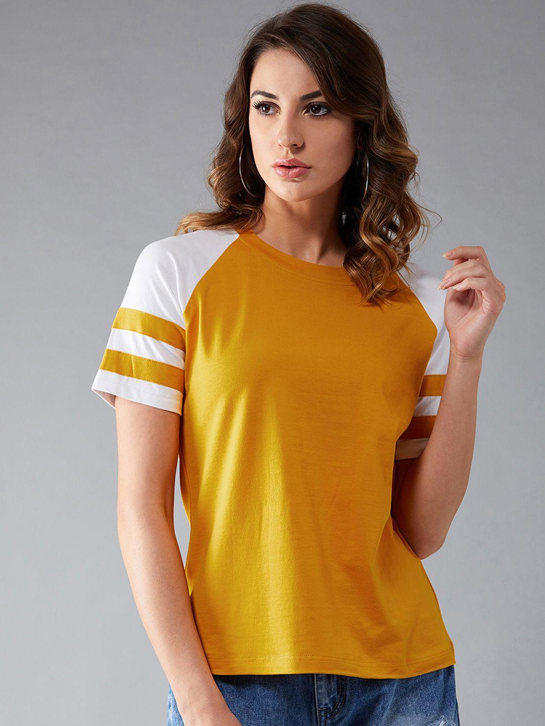 dolce crudo women mustard solid round neck t-shirt