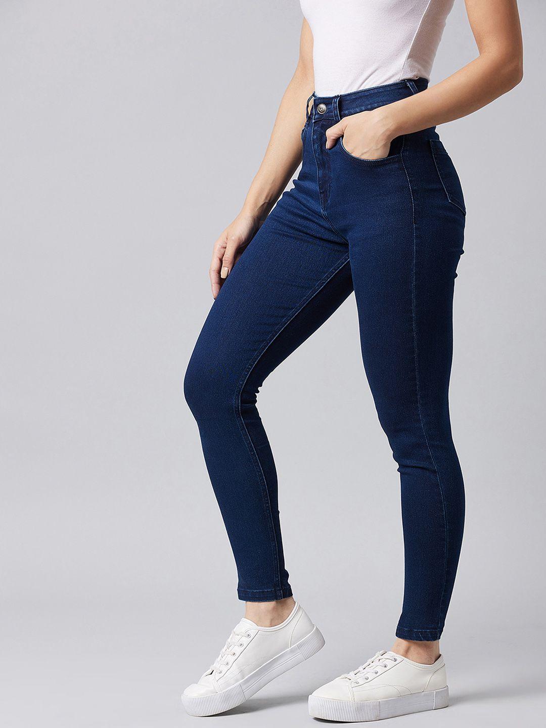 dolce crudo women navy blue skinny fit high-rise slash knee jeans