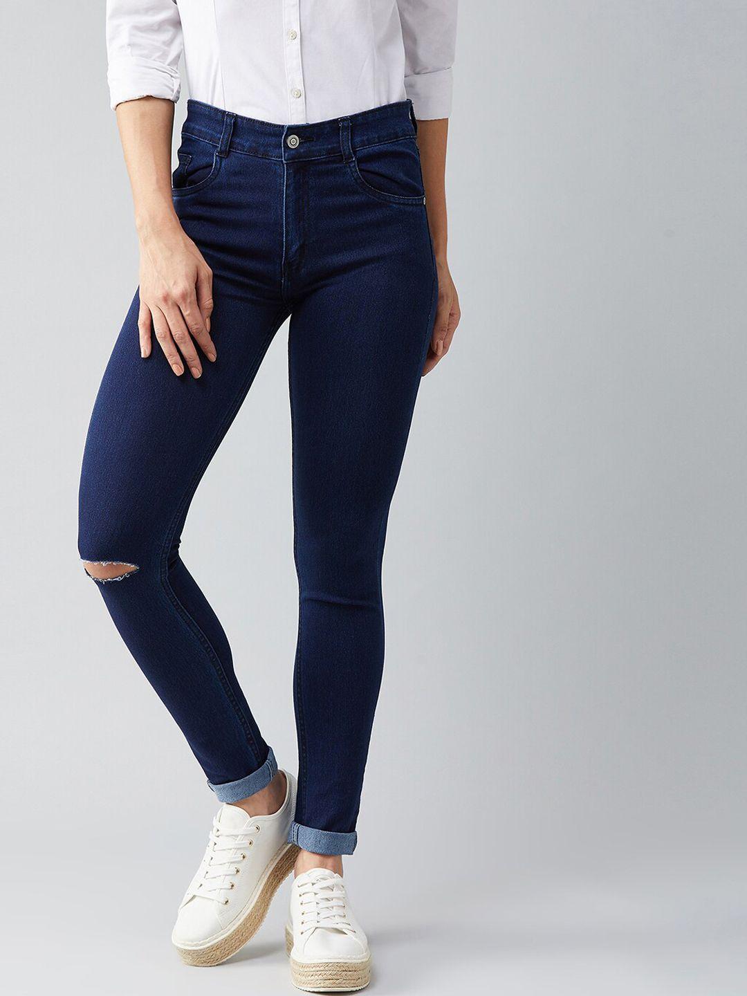 dolce crudo women navy blue skinny fit slash knee jeans