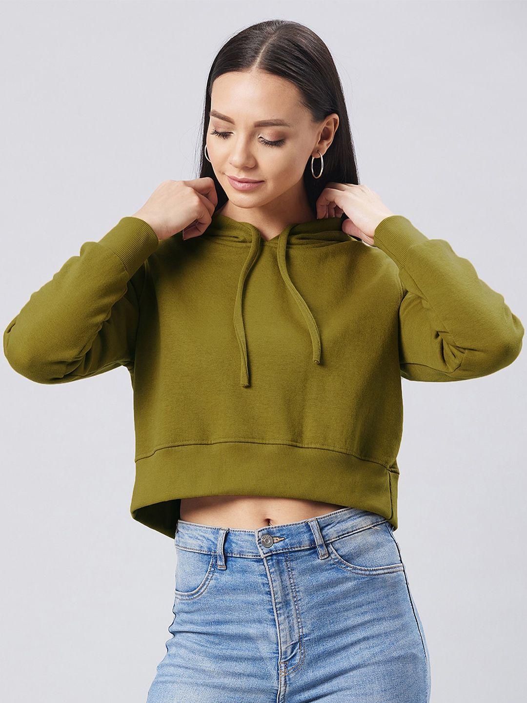 dolce crudo women olive green solid cropped hooded sweatshirt