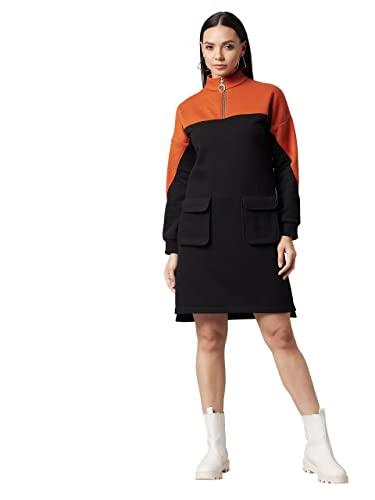 dolce crudo women's black & rust full sleeve solid color knee length dress (doaw21d14-92-248-03,black & rust,s)