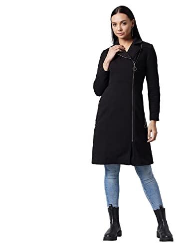 dolce crudo women's black v-neck full sleeve solid knee length jacket (doaw21jkt03-43-62-02,black,xs)