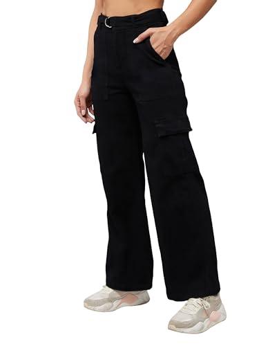 dolce crudo women's black wide leg high rise clean look regular stretchable denim jeans (doss23den99-18-62-28, black, 28)