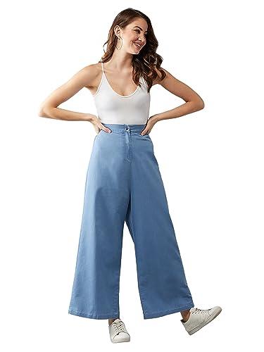 dolce crudo women's blue flared wide-leg high rise clean look regular length stretchable denim pants(doaw18den07-03-115-30,blue,30)