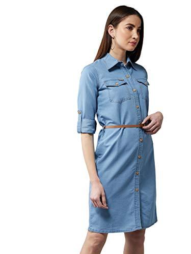 dolce crudo women's blue polo neck denim solid a-line mini dress(doaw18den04-22-115-03,blue,small)