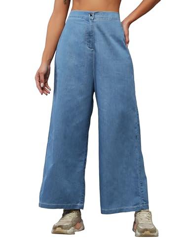 dolce crudo women's flared wide-leg high rise clean look regular length non stretchable denim pants (doss24den69-48-115-30, blue, 30)