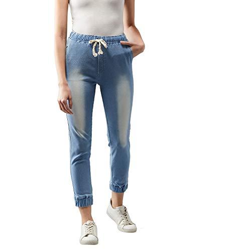 dolce crudo women's light blue solid mid rise clean look regular length ice wash stretchable denim jogger pants(doss19den06-18-158-32,light blue,32)