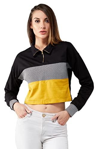 dolce crudo women's multicolor-base black round neck full sleeves ribbed crop sweatshirt (doaw19swt01-94-171-02, multicolor-base black, xs)