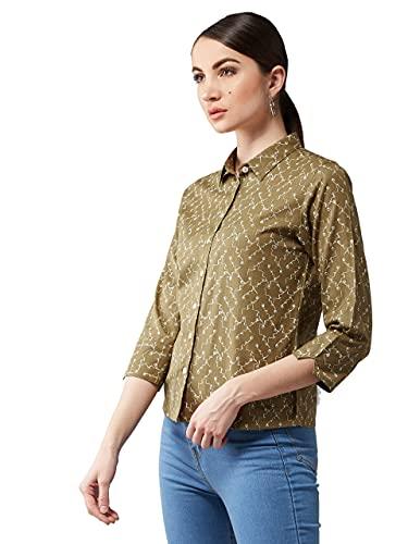 dolce crudo women's multicolored-base olive green collared 3/4 sleeves printed basic regular length shirt (doaw19tp12-66-213-03,multicolor,03)