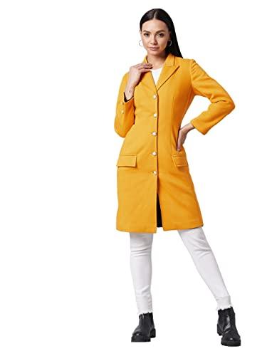 dolce crudo women's mustard v-neck full sleeve solid front-open knee length jacket (doaw21jkt03-41-183-02,mustard,xs)