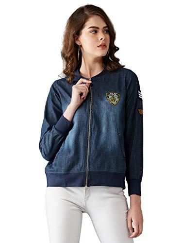 dolce crudo women's navy blue denim solid embroidered patch bomber jacket(doss18den05-03-71-03,navy blue,small)