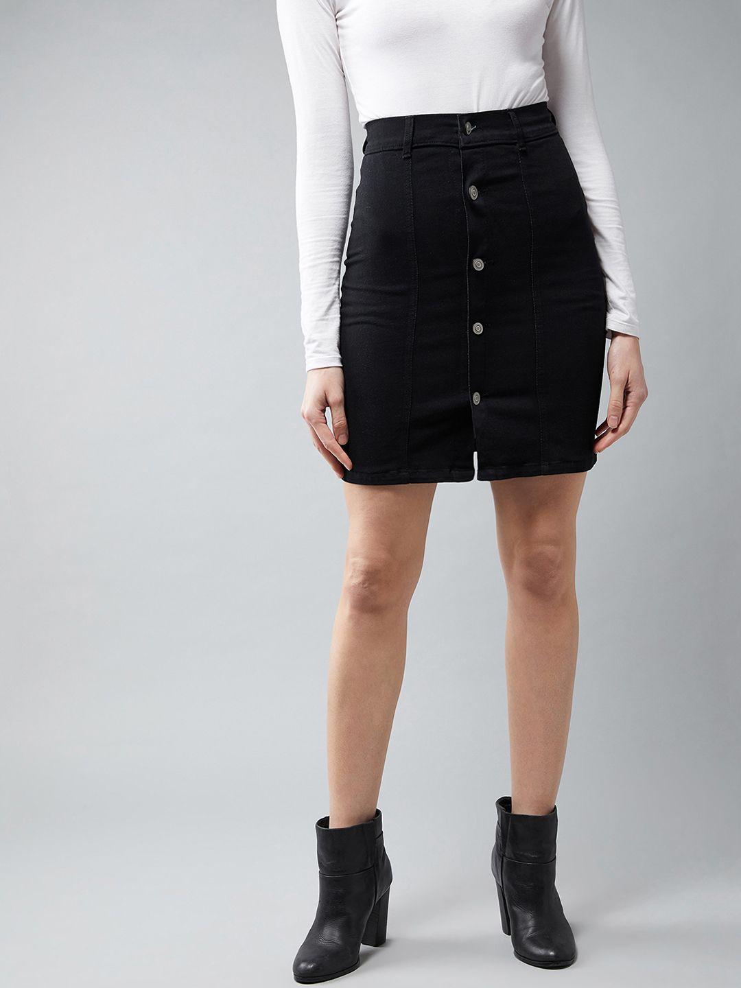 dolce crudo women black solid over the knee denim stretchable pencil mini skirt