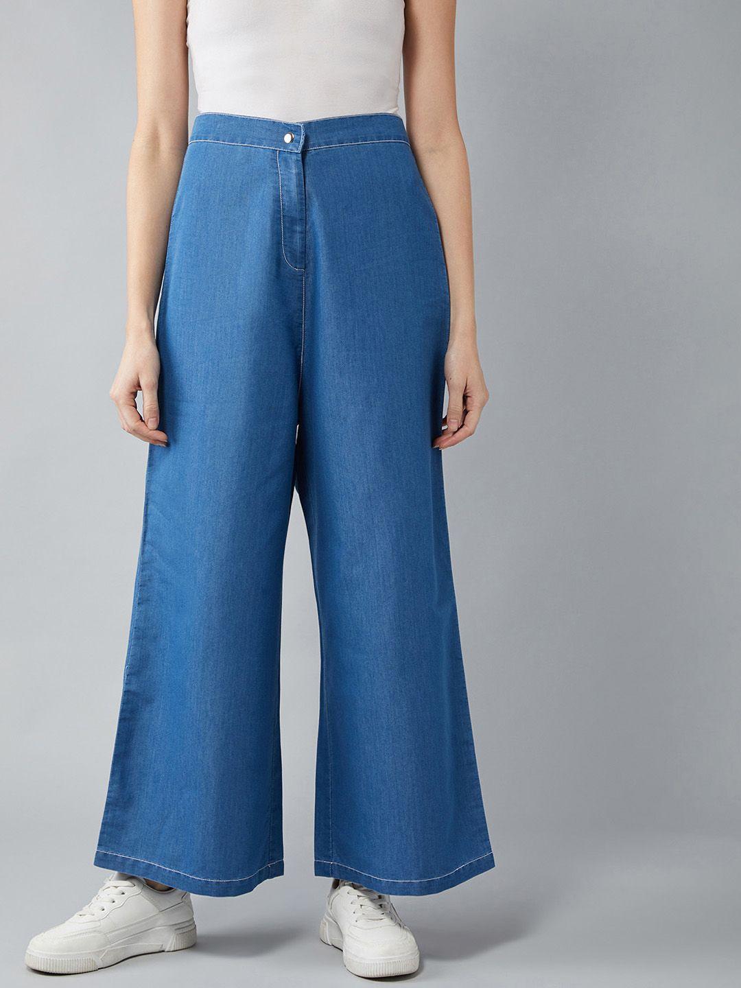 dolce crudo women blue regular fit solid denim parallel trousers