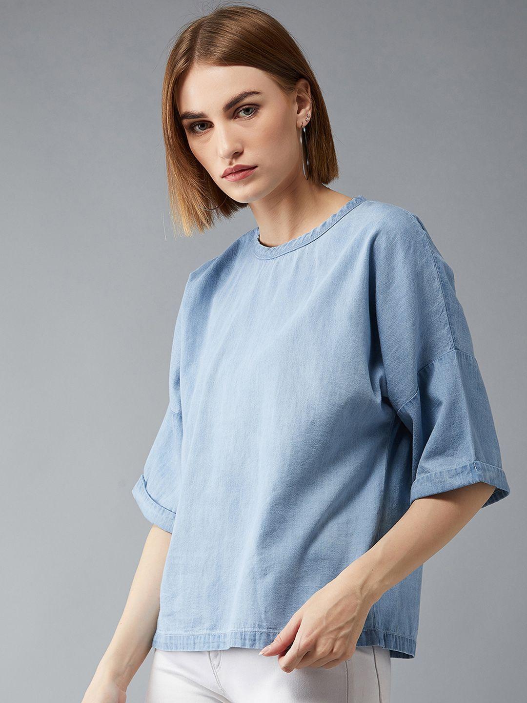 dolce crudo women blue solid boxy denim top