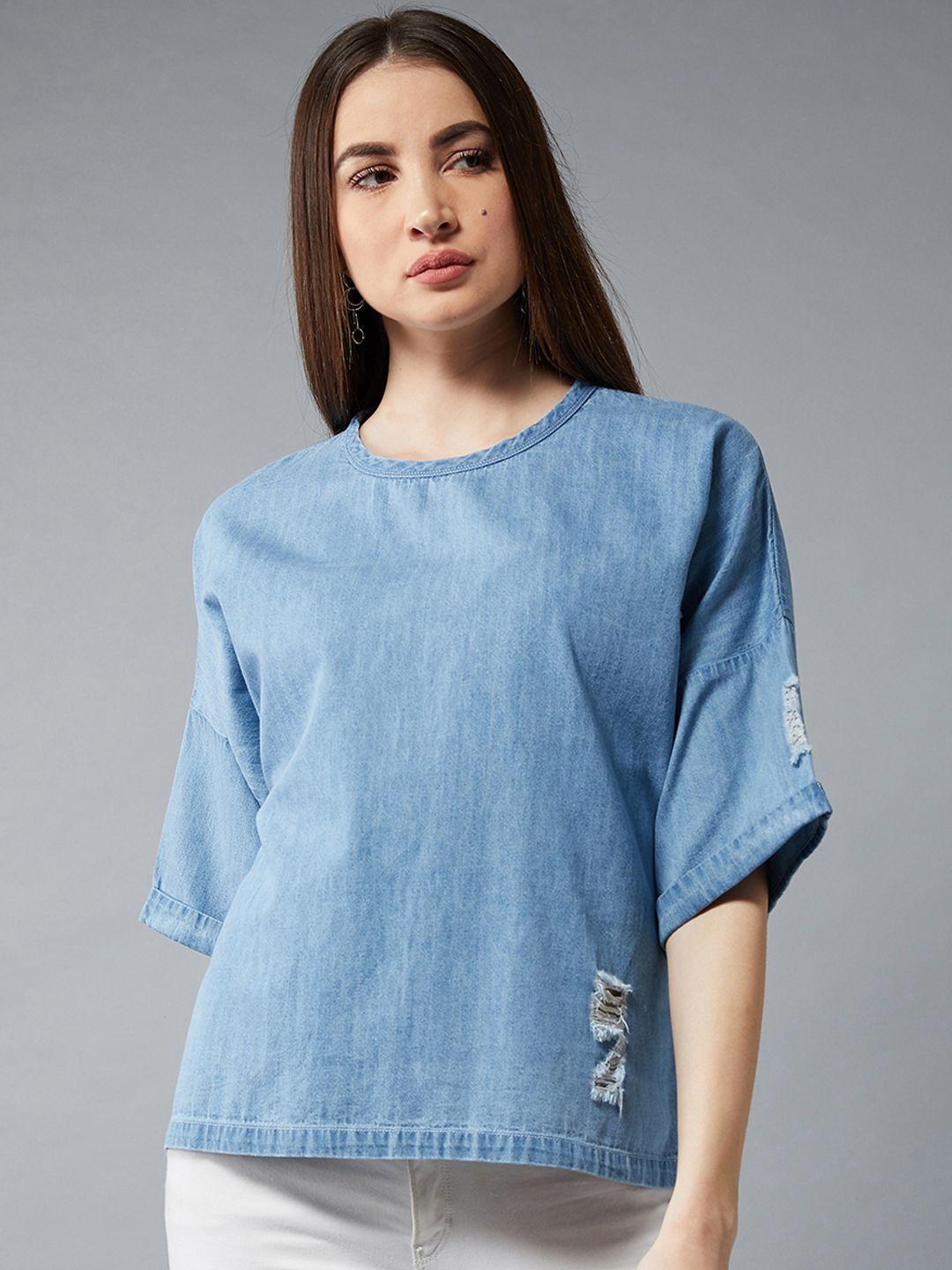 dolce crudo women blue solid denim boxy top