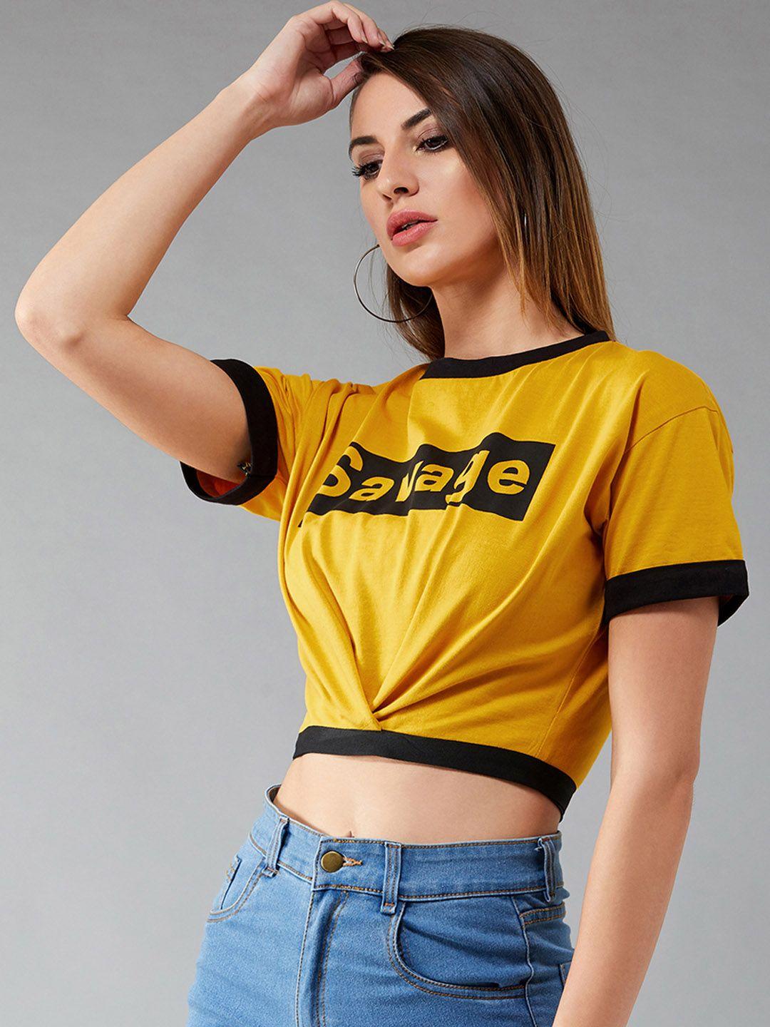 dolce crudo women mustard yellow  black printed round neck crop pure cotton t-shirt
