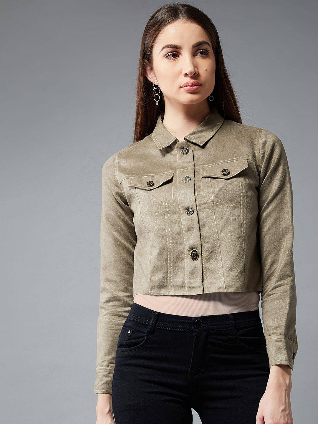 dolce crudo women olive green solid cropped suede jacket