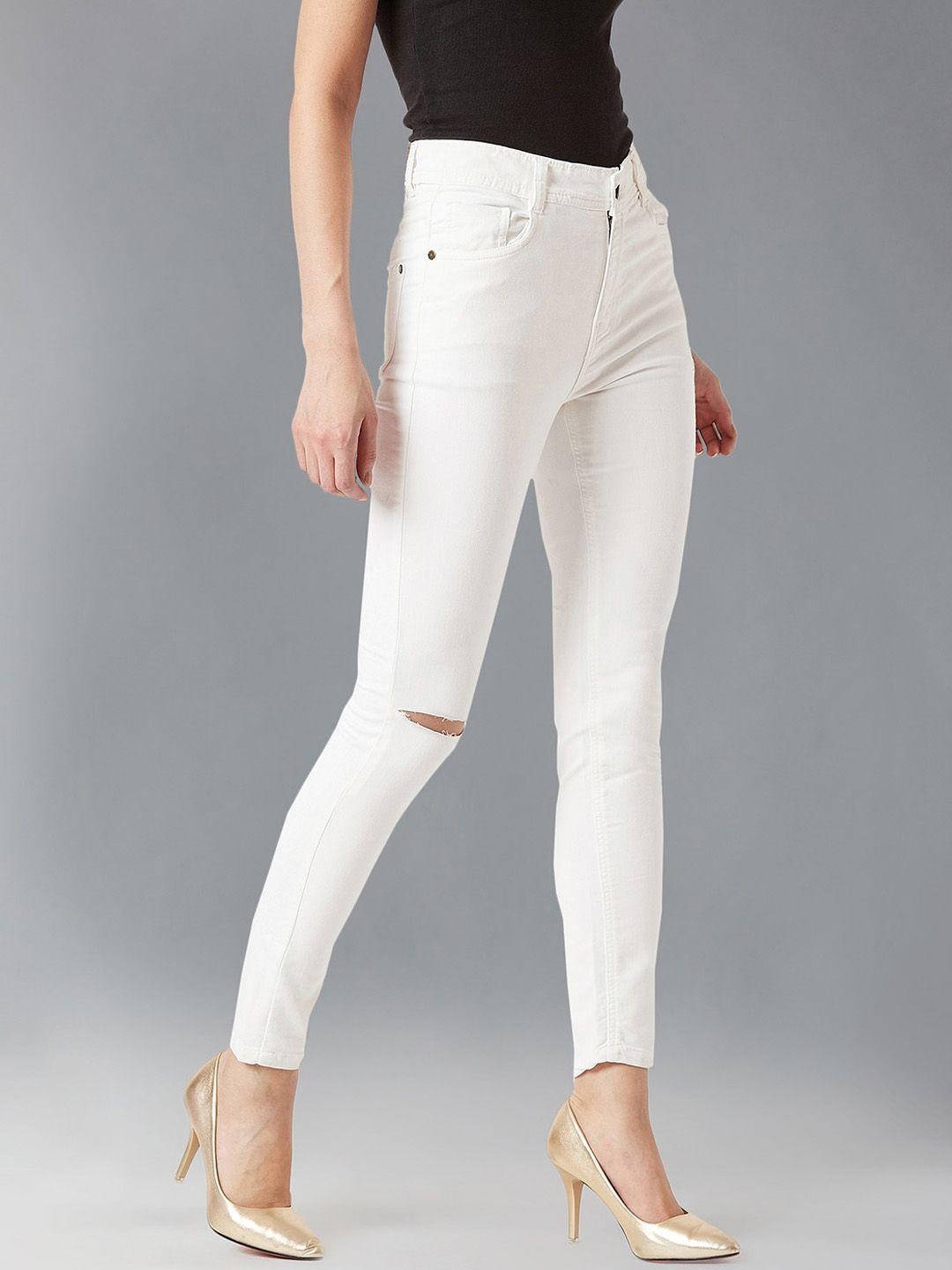 dolce crudo women white skinny fit mid-rise slash knee stretchable jeans