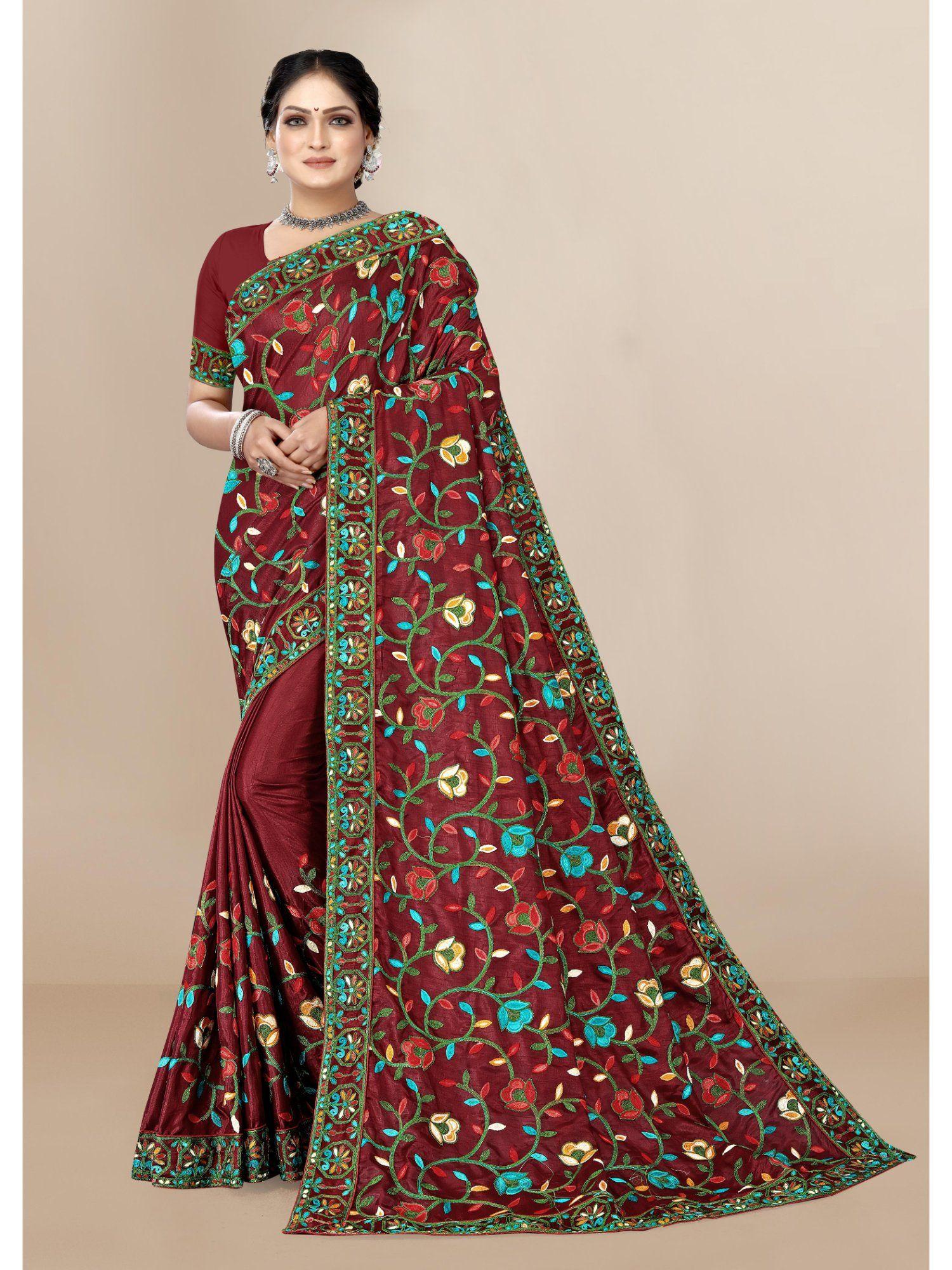 dolla silk with kashmiri embroidery work maroon with unstitched blouse