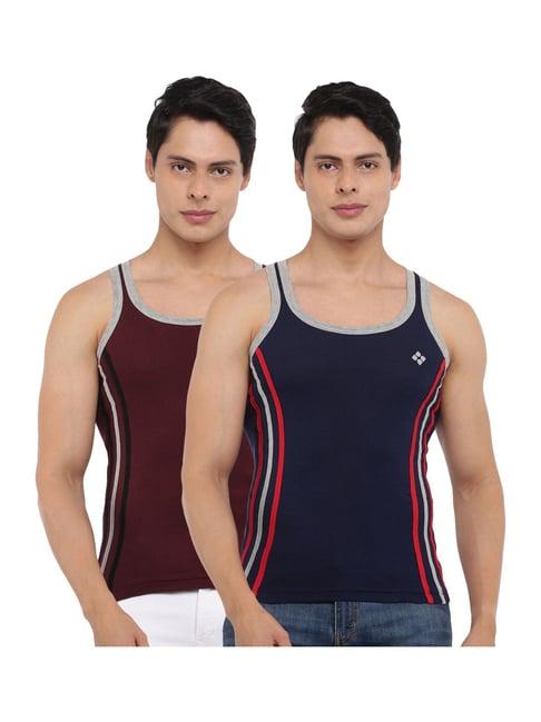 dollar bigboss assorted color cotton regular fit striped gym vests (pack of 2)