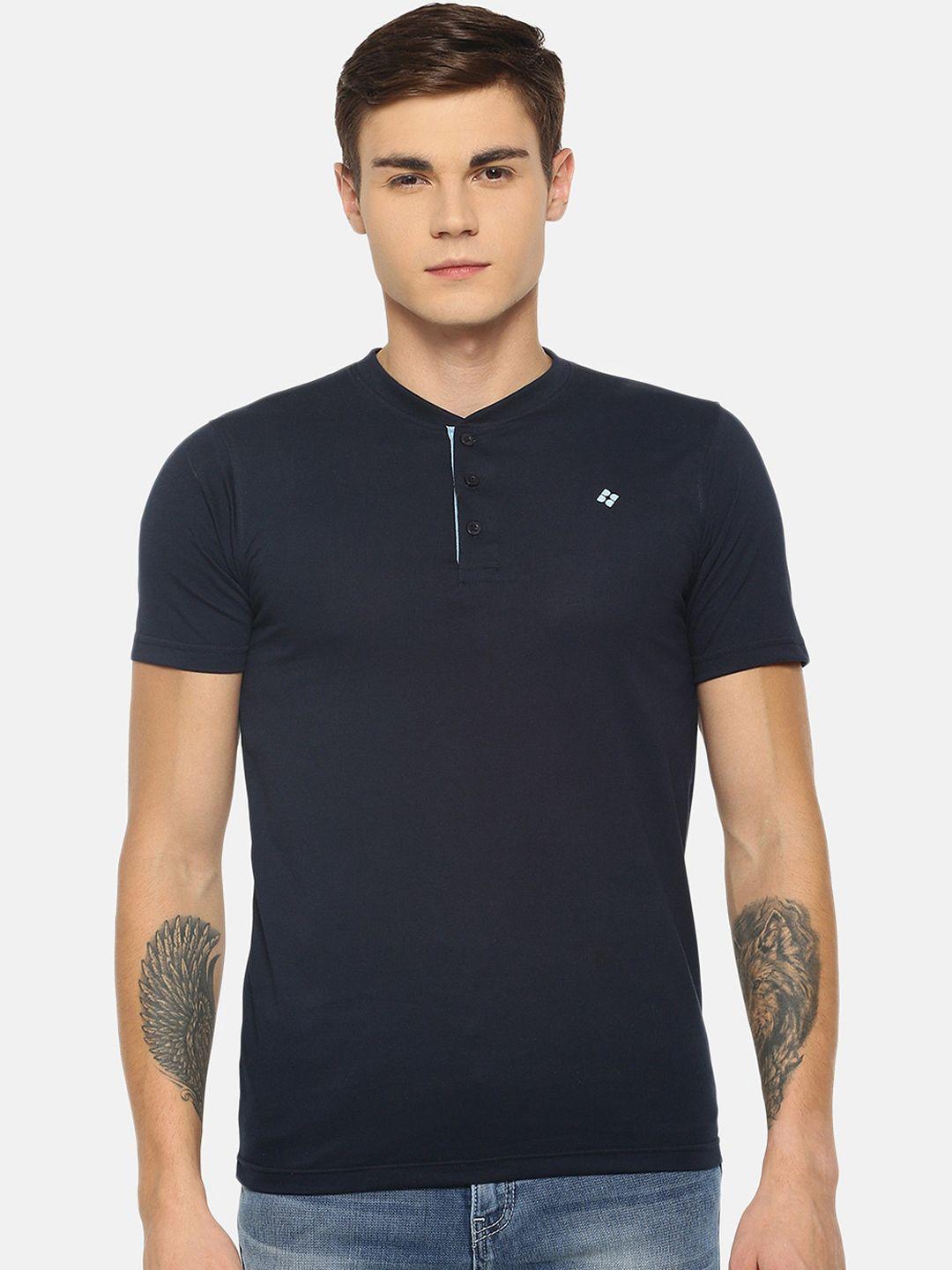 dollar men navy blue solid henley neck t-shirt