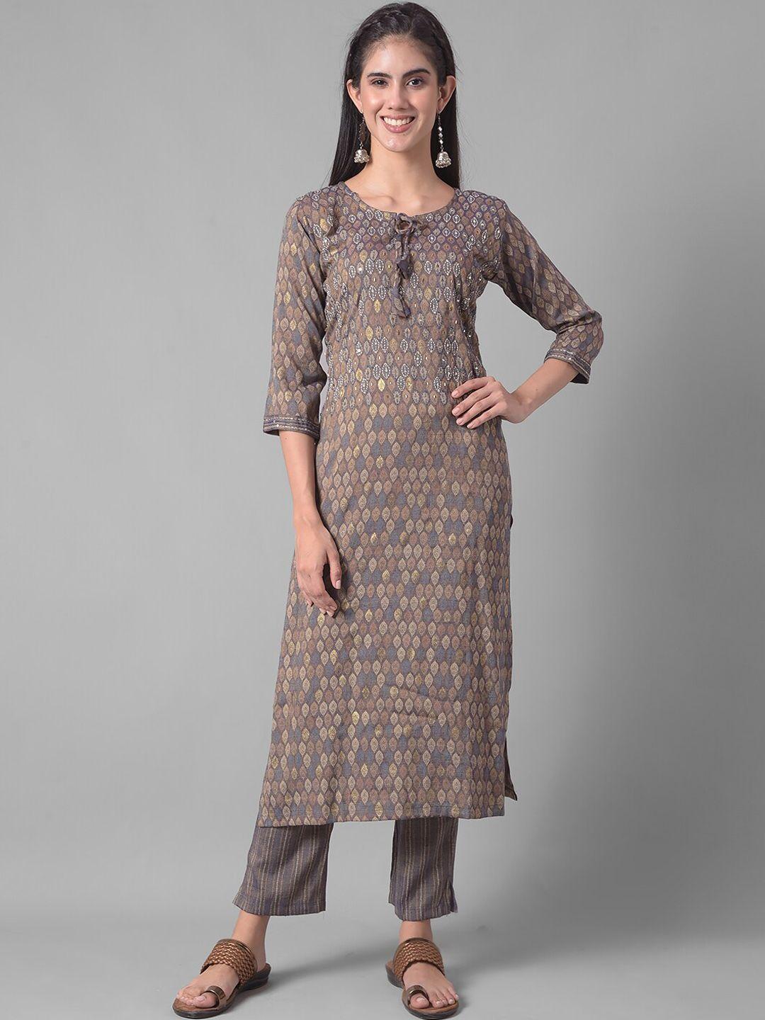 dollar missy ethnic motifs printed tie-up neck regular sequinned kurta with trousers