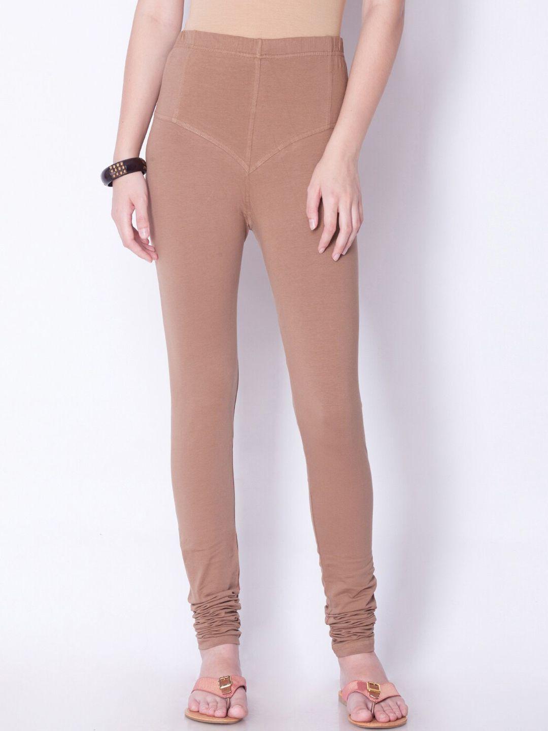 dollar missy women brown solid cotton churidar-length leggings
