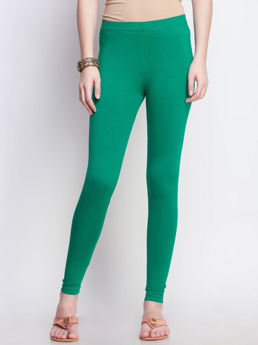 dollar missy women green solid cotton slim-fit ankle-length leggings